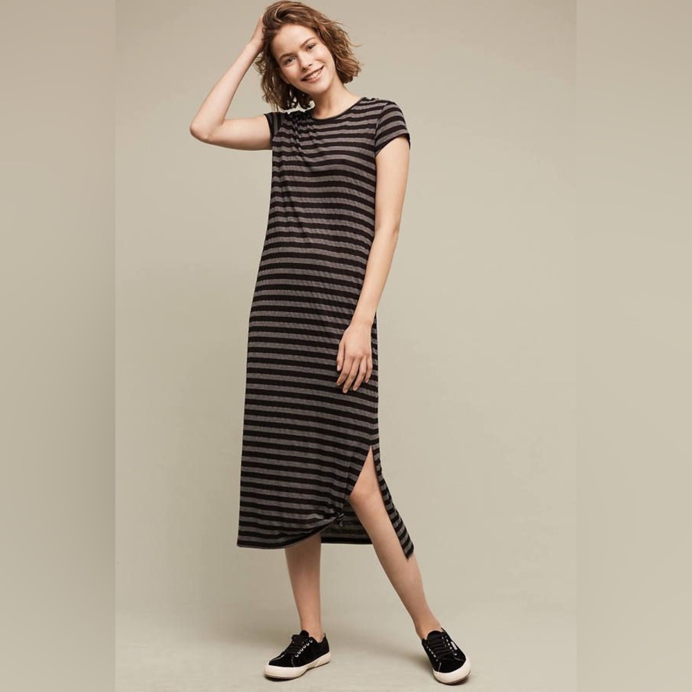 Anthropologie Hannah Striped Black & Gray Midi Dress by The Lady & the Sailor